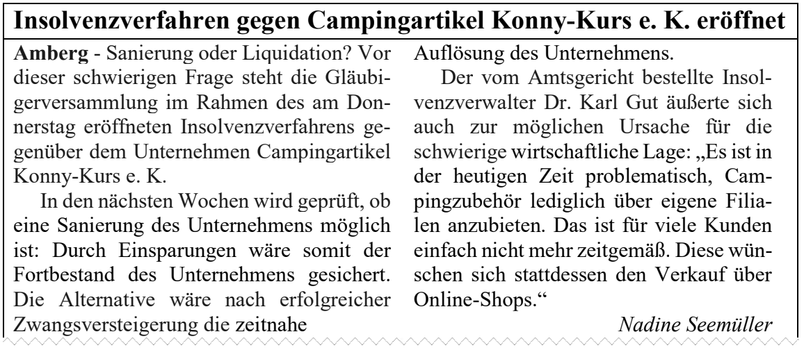 Zeitungsausschnitt: Artikel zur Eröffnung eines Insolvenzverfahrens gegen einen Campingartikel-Händler.